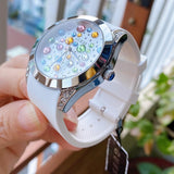 Guess Wanderlust Crystals Silver Dial White Rubber Strap Watch for Women - W1059L1 Buy Now By Guess