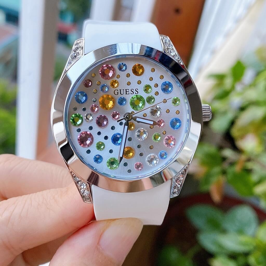 Guess Wanderlust Crystals Silver Dial White Rubber Strap Watch for Women - W1059L1 Buy Now By Guess