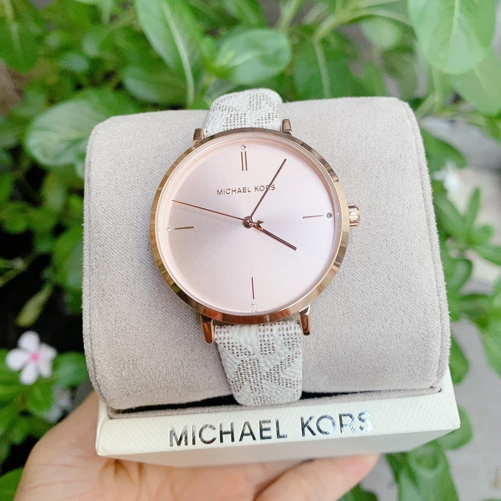 Michael Kors Jayne Three Hand Rose Gold Dial White Leather Strap Watch For Women - MK7128 Buy Now By Michael Kors