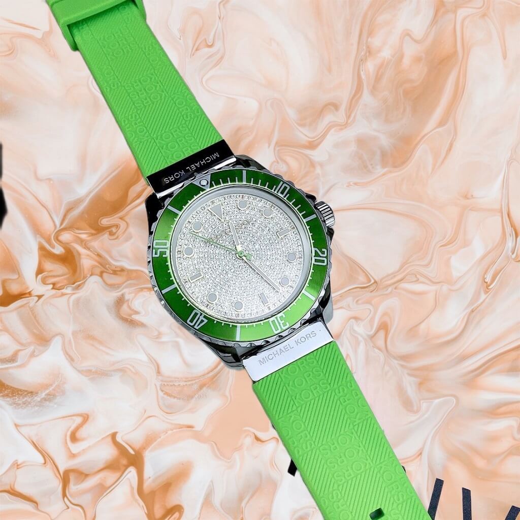 Michael Kors Everest Three Hand Crystals Silver Dial Green Silicone Strap Watch For Women - MK7360 Buy Now By Michael Kors