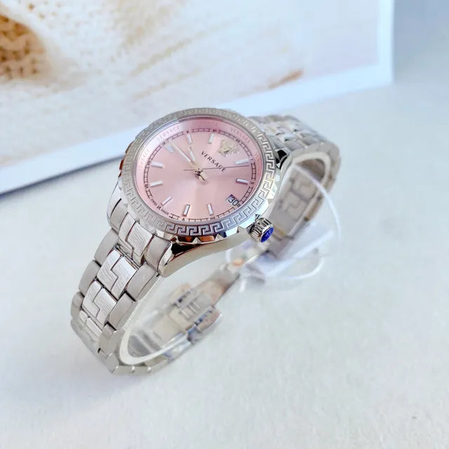 Versace Hellenyium Pink Dial Silver Steel Strap Watch for Women - V12010015 Buy Now By Versace