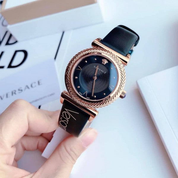Versace V-Motif Vintage Logo Black Dial Black Leather Strap Watch for Women - VERE00818 Buy Now By Versace