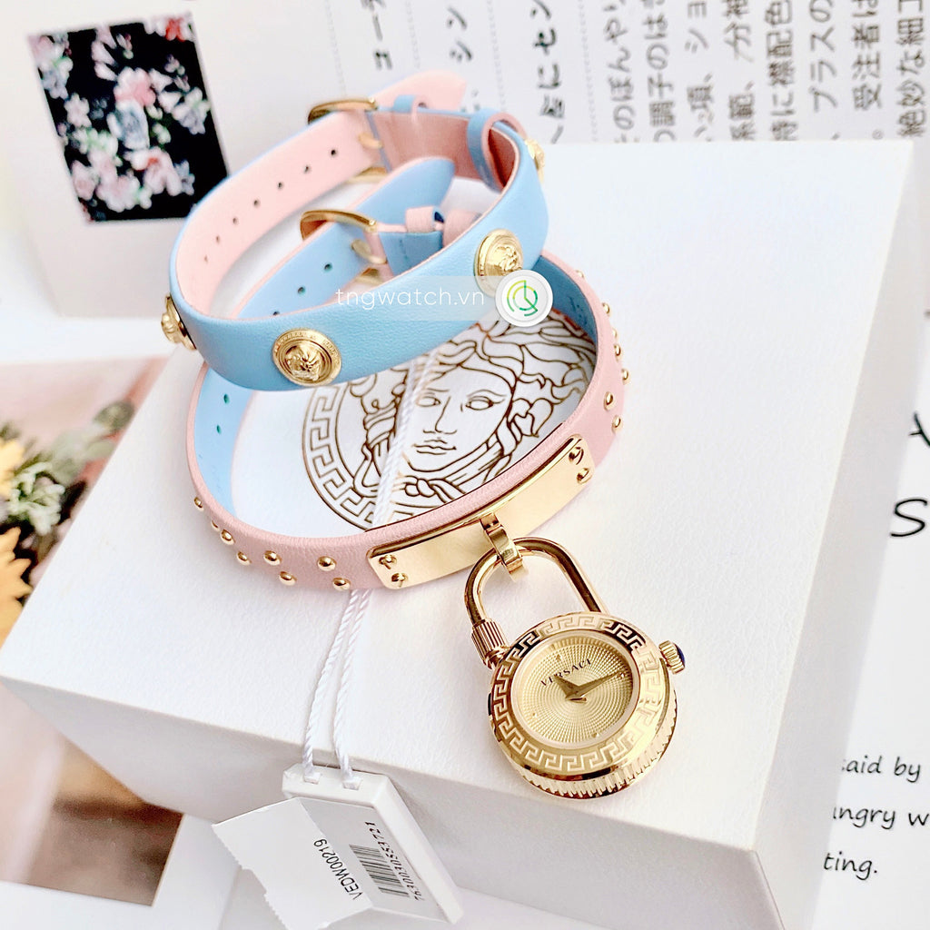 Versace Medusa Lock Icon Quartz Gold Dial Pink & Blue Leather Strap Watch For Women - VEDW00219 Buy Now By Versace