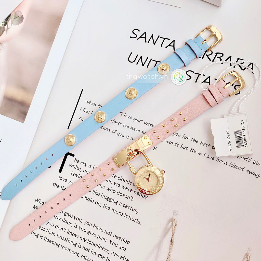 Versace Medusa Lock Icon Quartz Gold Dial Pink & Blue Leather Strap Watch For Women - VEDW00219 Buy Now By Versace