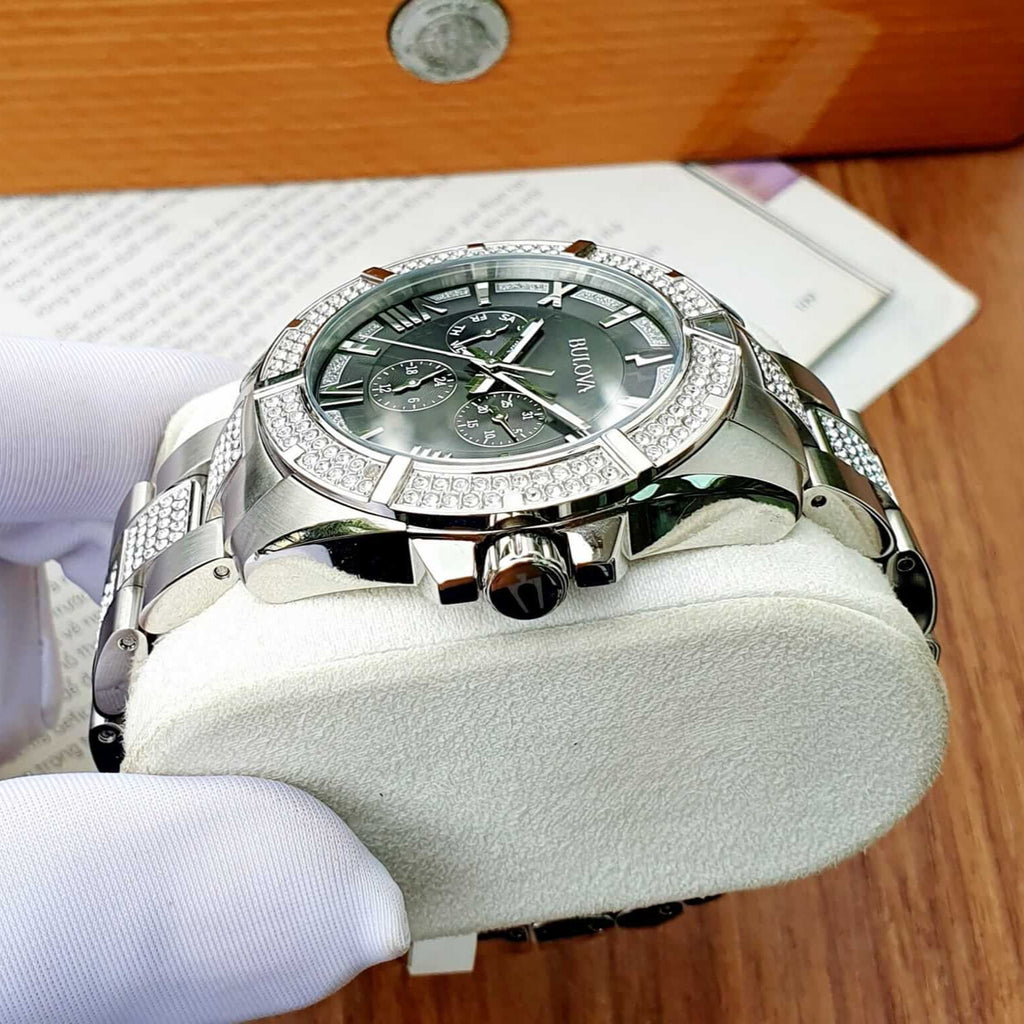 Bulova Crystal Collection Chronograph Black Dial Two Tone Steel Strap Watch for Men - 96C126