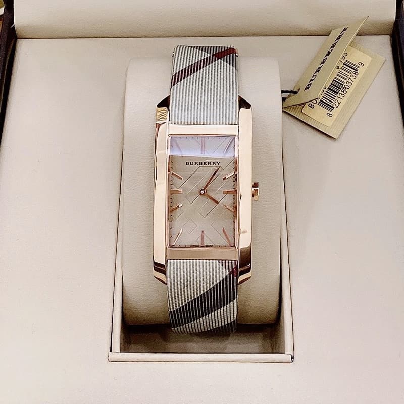 Burberry The Pioneer Rose Gold Dial Haymarket Brown Leather Strap Watch for Women - BU9408 Buy Now By Burberry