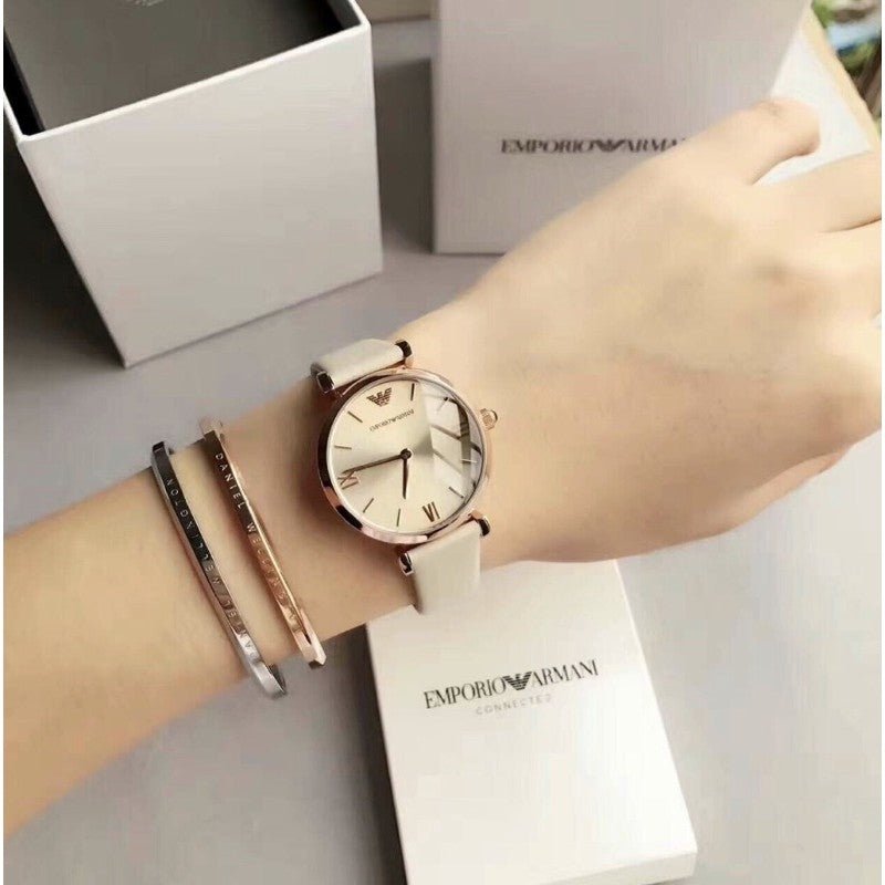 Emporio Armani Gianni T Bar Light Brown Dial White Leather Strap Watch For Women - AR1769 Buy Now By Emporio Armani