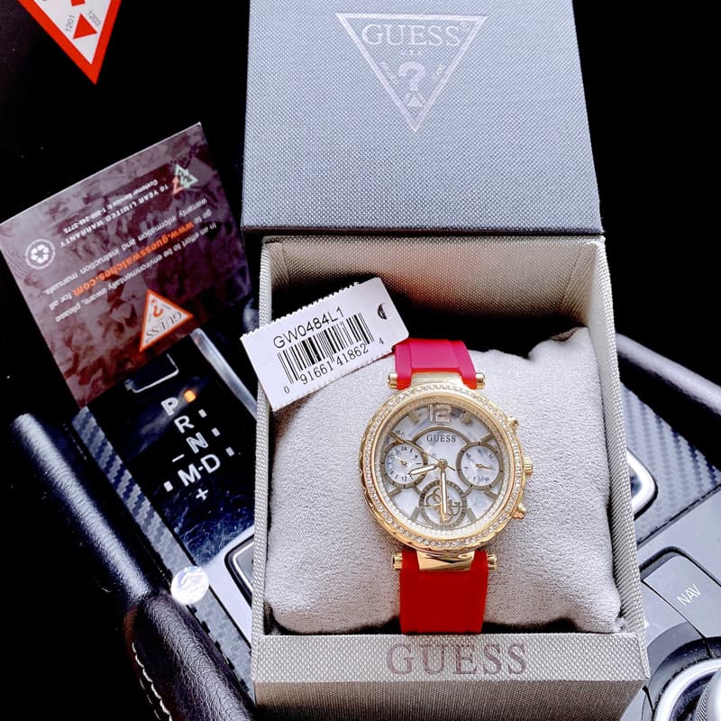 Guess Solstice Diamonds Gold Dial Red Rubber Strap Watch for Women - GW0484L1 Buy Now By Guess