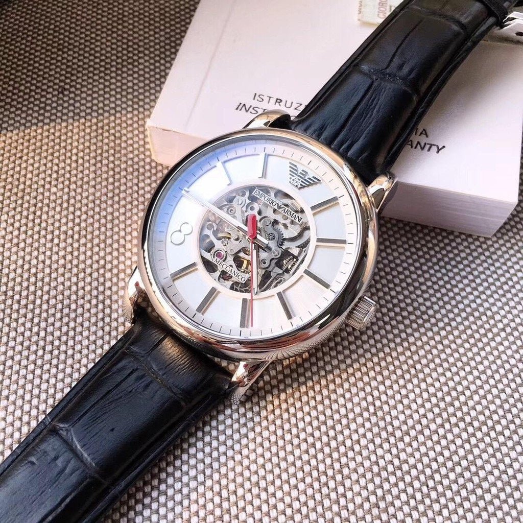 Emporio Armani Meccanico Silver Skeleton Dial Black Leather Watch For Men - AR1997 Buy Now By Emporio Armani