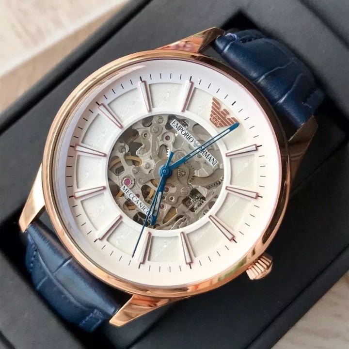 Emporio Armani Meccanico Automatic White Dial Blue Leather Strap Watch For Men - AR1947 Buy Now By Emporio Armani