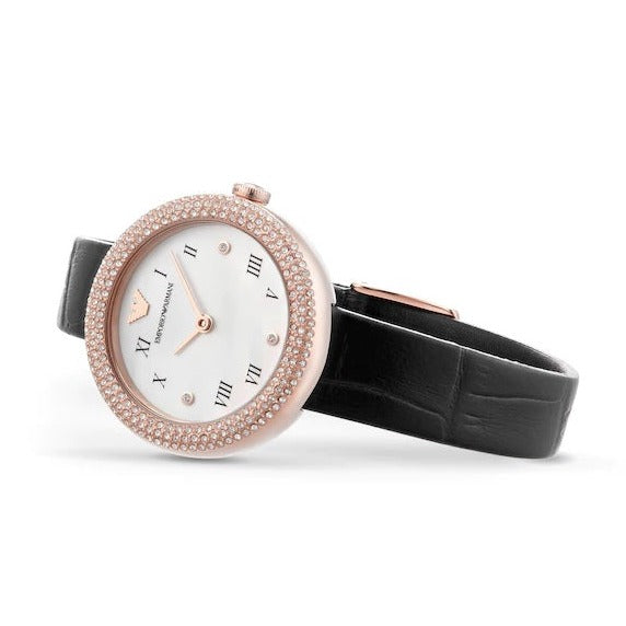 Emporio Armani Rosa Quartz Mother Of Pearl White Dial Black Leather Strap Watch For Women - AR11356 Buy Now By Emporio Armani