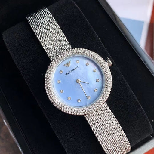 Emporio Armani Rosa Diamonds Mother of Pearl Blue Dial Silver Mesh Bracelet Watch For Women - AR11380 Buy Now By Emporio Armani