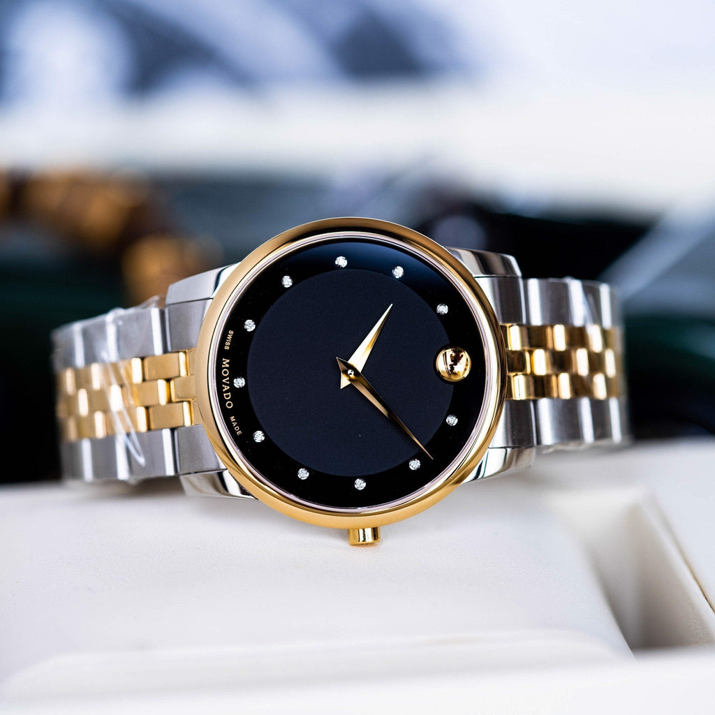 Movado Museum Classic Diamonds Black Dial Two Tone Steel Strap Watch For Men - 0606879 Buy Now By Movado