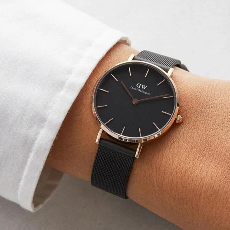 Daniel Wellington Petite Ashfield Black Dial Black Mesh Strap Watch For Women - DW00100202