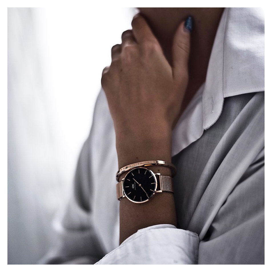 Daniel Wellington Classic Petite Melrose Black Dial Rose Gold Mesh Bracelet Watch For Women - DW00100217 Buy Now By Daniel Wellington