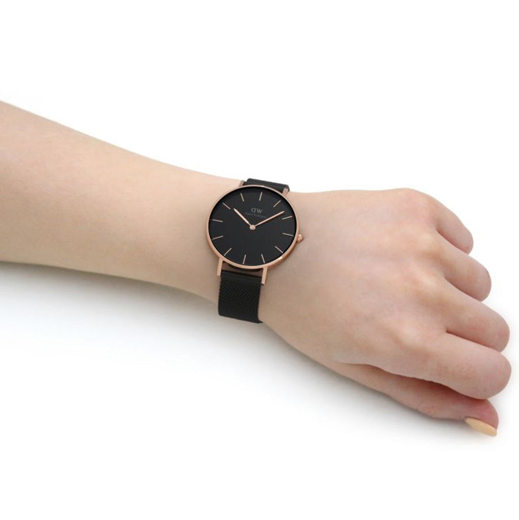 Daniel Wellington Petite Ashfield Black Dial Black Mesh Strap Watch for Women - DW00100307