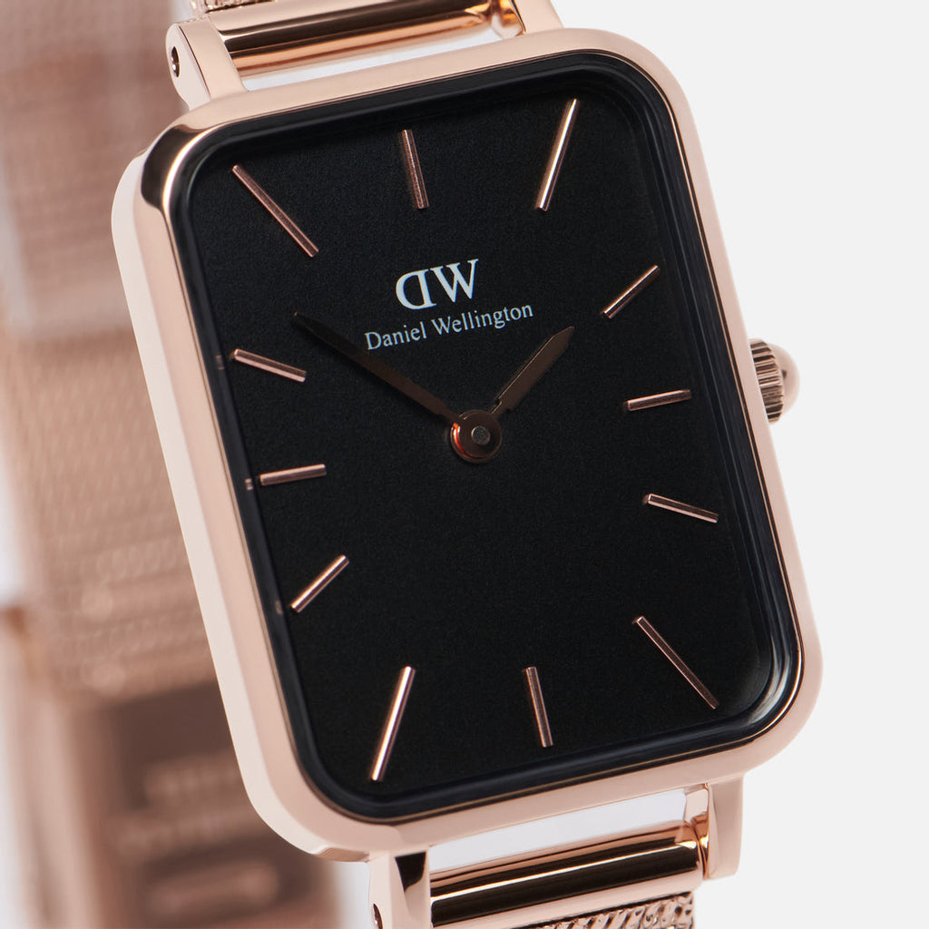 Daniel Wellington Quadro Melrose Black Dial Rose Gold Mesh Bracelet Watch For Women - DW00100432 Buy Now By Daniel Wellington