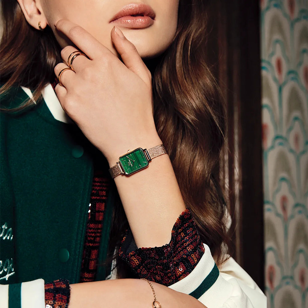 Daniel Wellington Quadro Melrose Green Dial Rose Gold Mesh Strap Watch For Women - DW00100437 Buy Now By Daniel Wellington