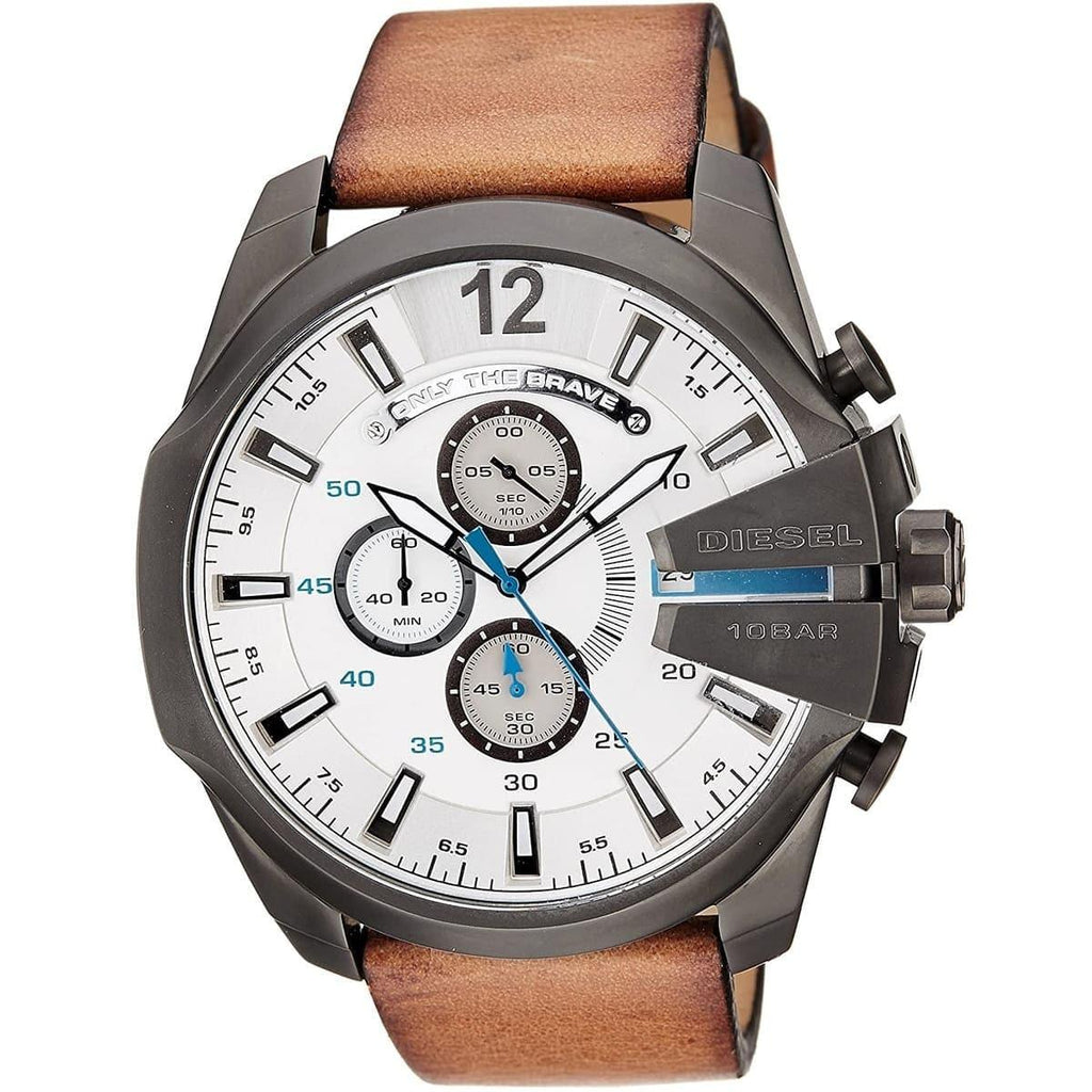 Diesel Mega Chief Chronograph White Dial Brown Leather Strap Watch For Men - DZ4280 Buy Now By Diesel