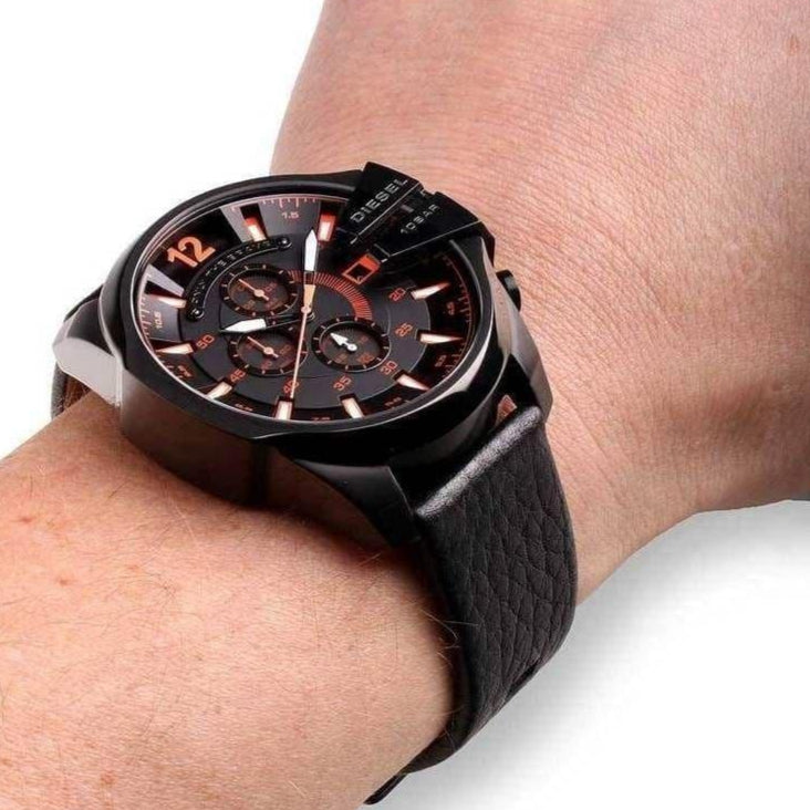 Diesel Mega Chief Chronograph Black Dial Black Leather Strap Watch For Men - DZ4291 Buy Now By Diesel
