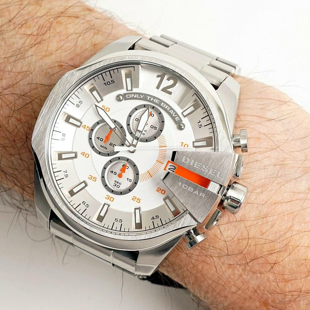 Diesel Mega Chief Chronograph White Dial Silver Steel Strap Watch For Men - DZ4328 Buy Now By Diesel