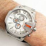 Diesel Mega Chief Chronograph White Dial Silver Steel Strap Watch For Men - DZ4328 Buy Now By Diesel