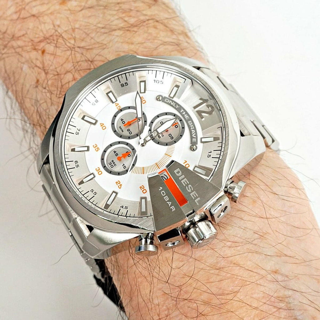 Diesel Mega Chief Chronograph White Dial Silver Steel Strap Watch For Men - DZ4328 Buy Now By Diesel
