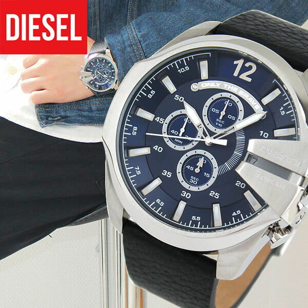 Diesel Mega Chief Chronograph Blue Dial Black Leather Strap Watch For Men - DZ4423 Buy Now By Diesel