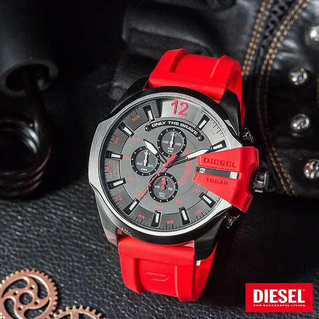 Diesel Mega Chief Chronograph Black Dial Red Silicone Strap Watch For Men - DZ4427 Buy Now By Diesel