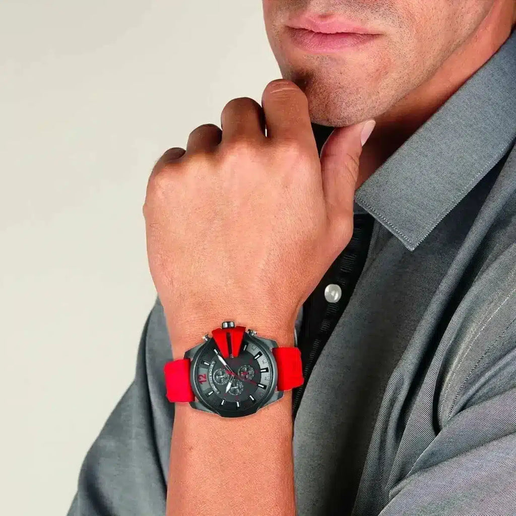 Diesel Mega Chief Chronograph Black Dial Red Silicone Strap Watch For Men - DZ4427 Buy Now By Diesel