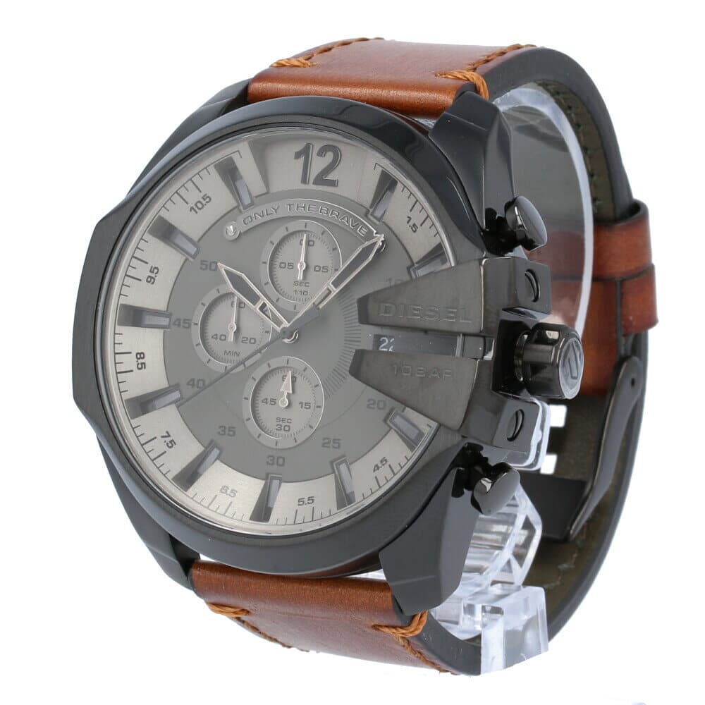 Diesel Mega Chief Chronograph Grey Dial Brown Leather Strap Watch For Men - DZ4463 Buy Now By Diesel