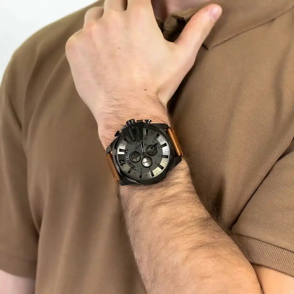 Diesel Mega Chief Chronograph Grey Dial Brown Leather Strap Watch For Men - DZ4463 Buy Now By Diesel