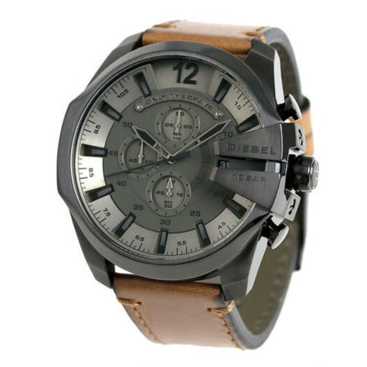 Diesel Mega Chief Chronograph Grey Dial Brown Leather Strap Watch For Men - DZ4463 Buy Now By Diesel