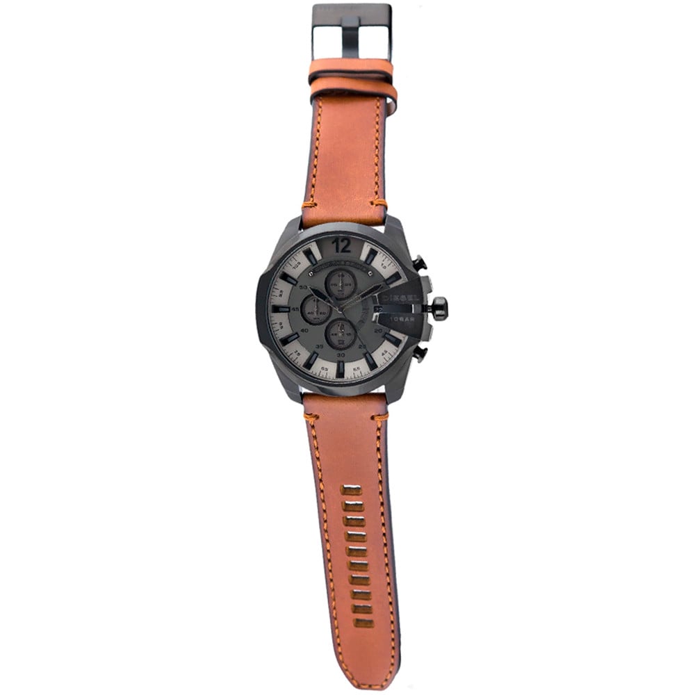 Diesel Mega Chief Chronograph Grey Dial Brown Leather Strap Watch For Men - DZ4463 Buy Now By Diesel