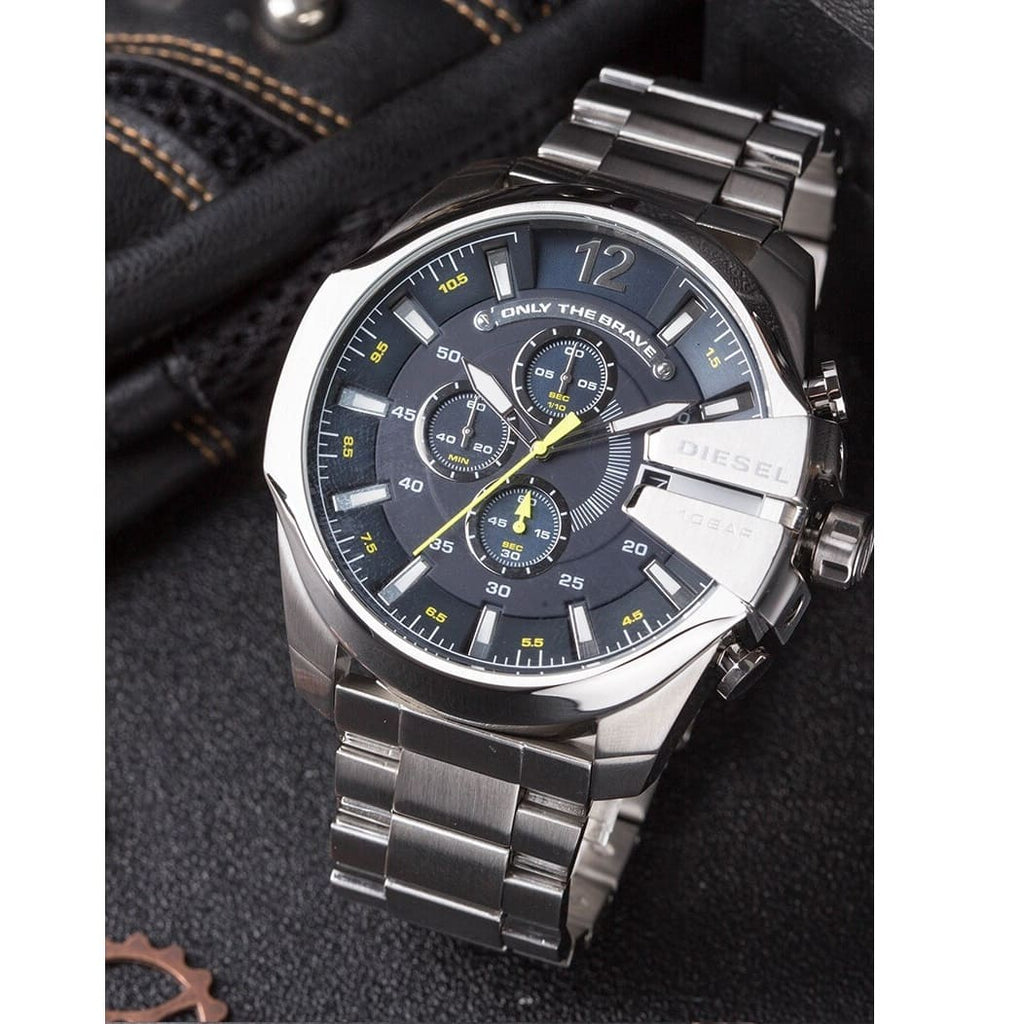 Diesel Mega Chief Chronograph Blue Dial Silver Steel Strap Watch For Men - DZ4465 Buy Now By Diesel