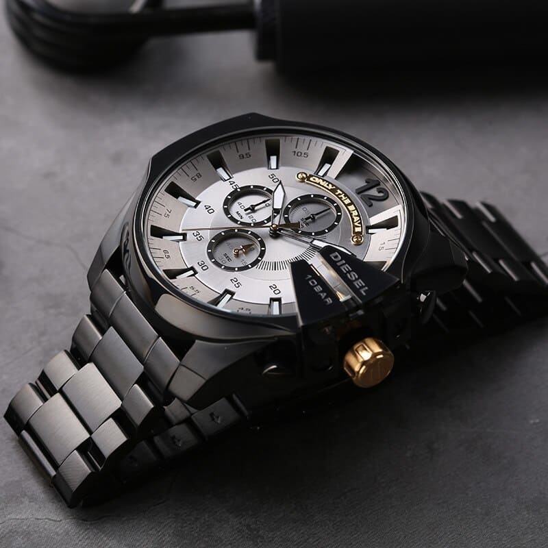 Diesel Mega Chief Chronograph Grey Dial Black Steel Strap Watch For Men - DZ4479 Buy Now By Diesel