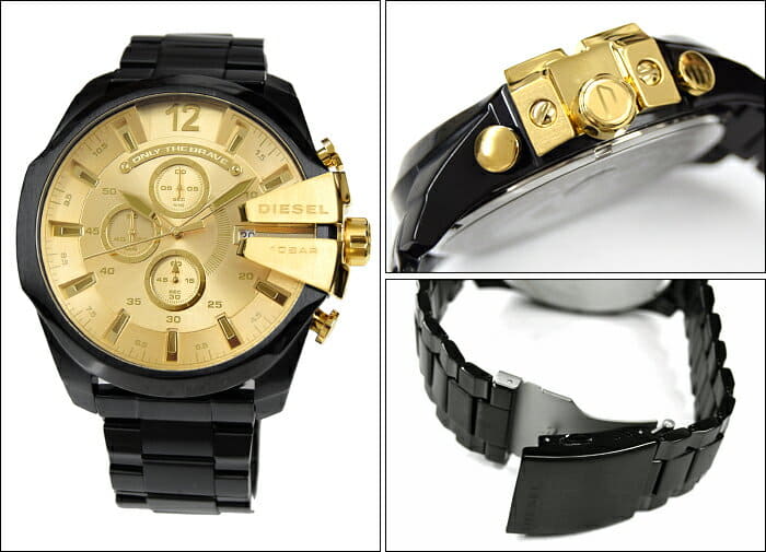 Diesel Mega Chief Chronograph Gold Dial Black Steel Strap Watch For Men - DZ4485 Buy Now By Diesel