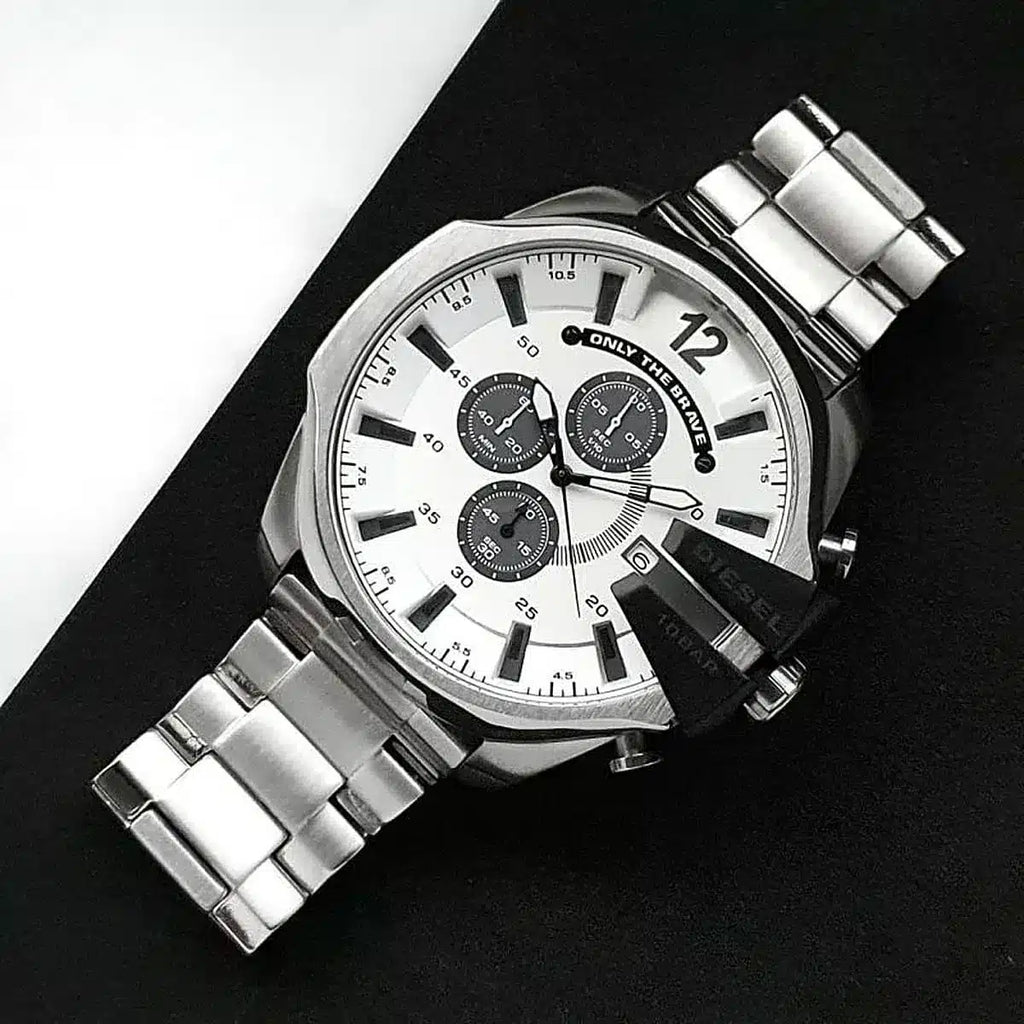 Diesel Mega Chief Chronograph Silver Dial Silver Steel Strap Watch For Men - DZ4501 Buy Now By Diesel