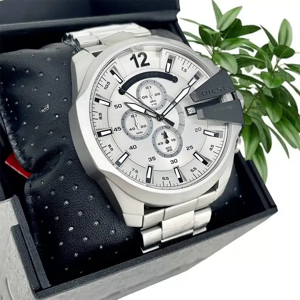 Diesel Mega Chief Chronograph Silver Dial Silver Steel Strap Watch For Men - DZ4501 Buy Now By Diesel