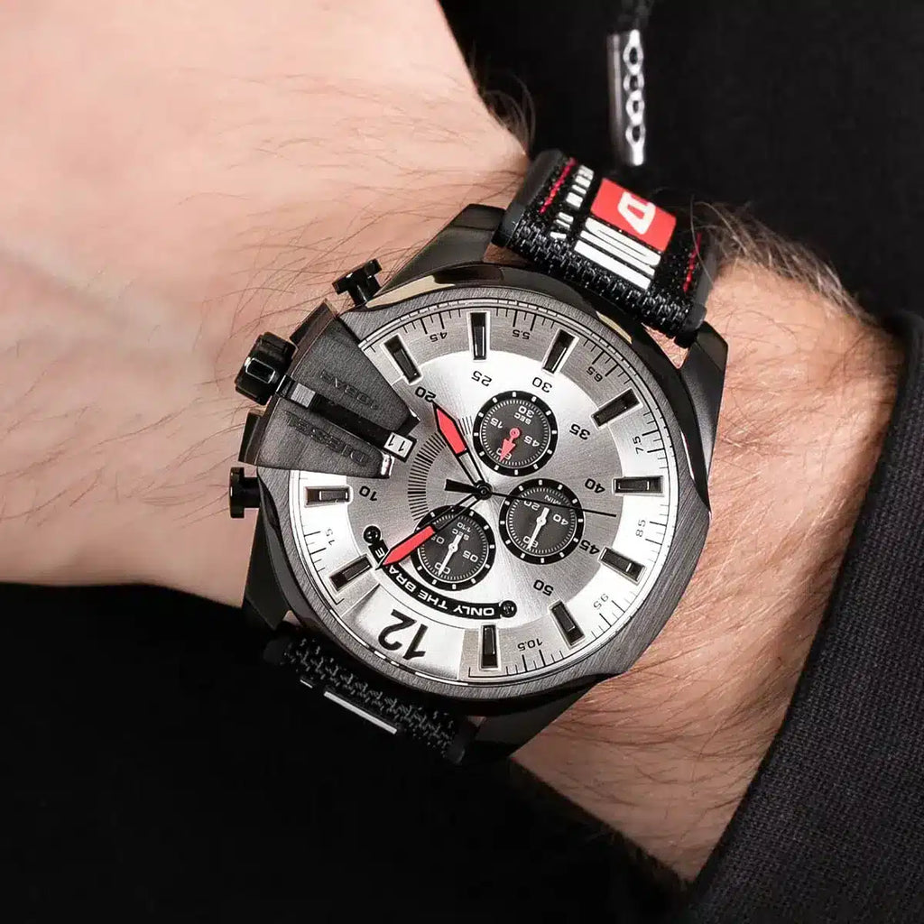 Diesel Mega Chief Chronograph Silver Dial Black Leather Strap Watch For Men - DZ4512 Buy Now By Diesel