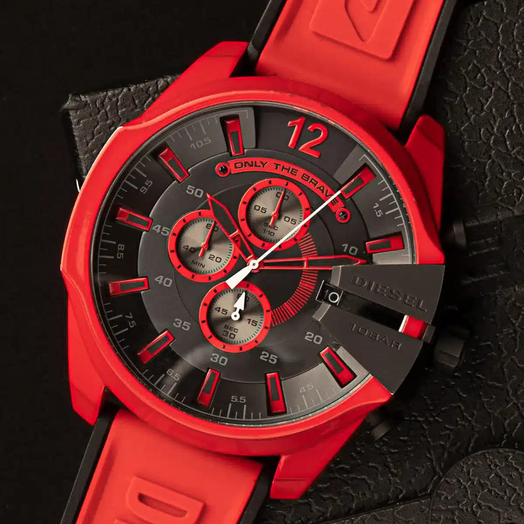 Diesel Mega Chief Chronograph Black Dial Red Rubber Strap Watch For Men - DZ4526 Buy Now By Diesel