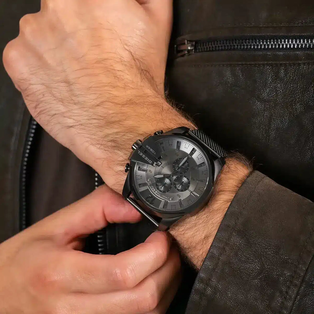 Diesel Mega Chief Chronograph Black Dial Black Mesh Strap Watch For Men - DZ4527 Buy Now By Diesel