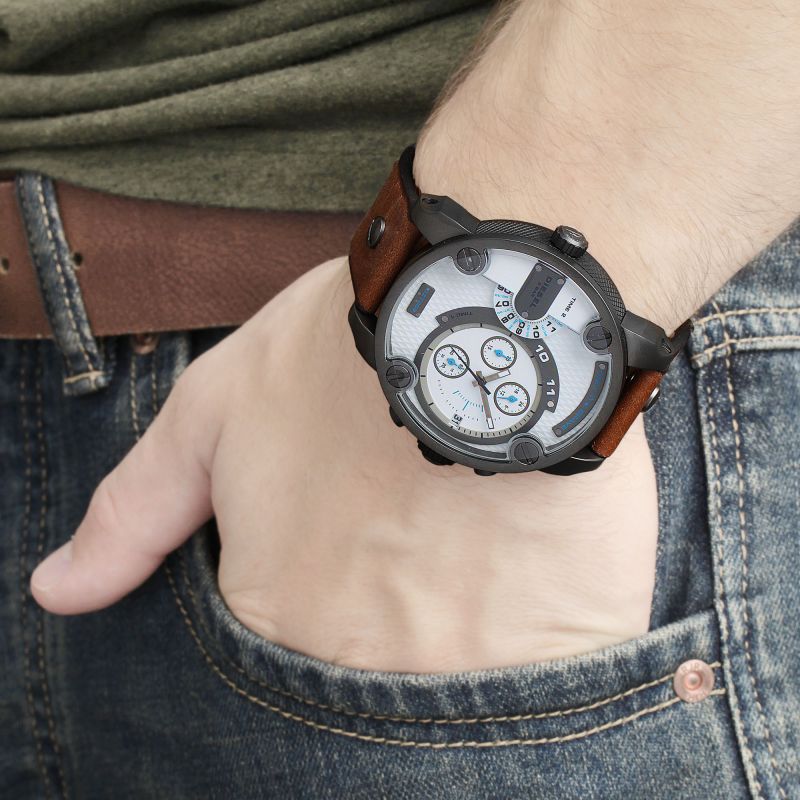 Diesel SBA Dual Time Chronograph White Dial Brown Leather Strap Watch For Men - DZ7269 Buy Now By Diesel