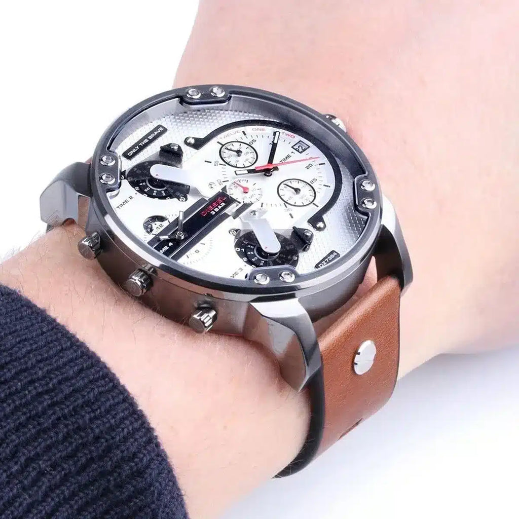 Diesel Mr. Daddy 2.0 Chronograph Silver Dial Brown Leather Strap Watch For Men - DZ7394 Buy Now By Diesel