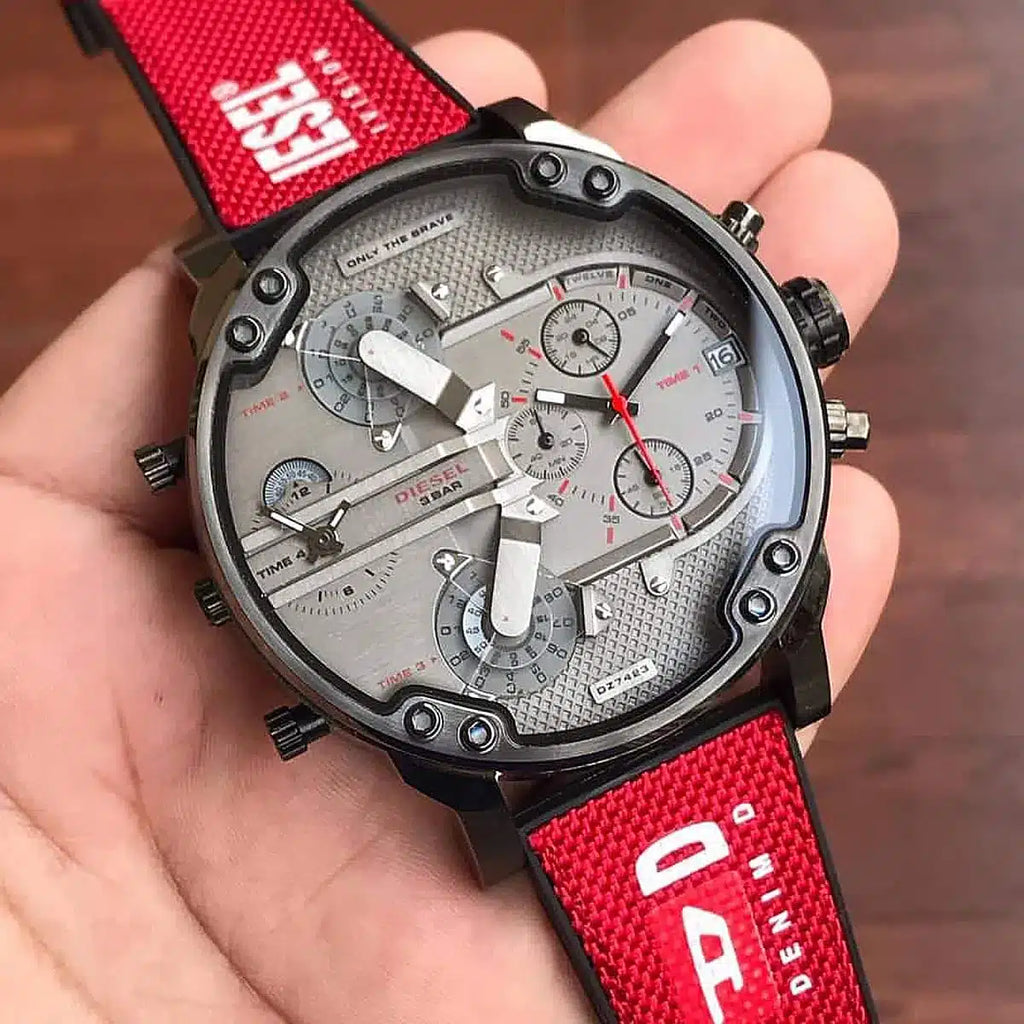 Diesel Mr Daddy 2.0 Chronograph Grey Dial Red Rubber Strap Watch For Men - DZ7423 Buy Now By Diesel