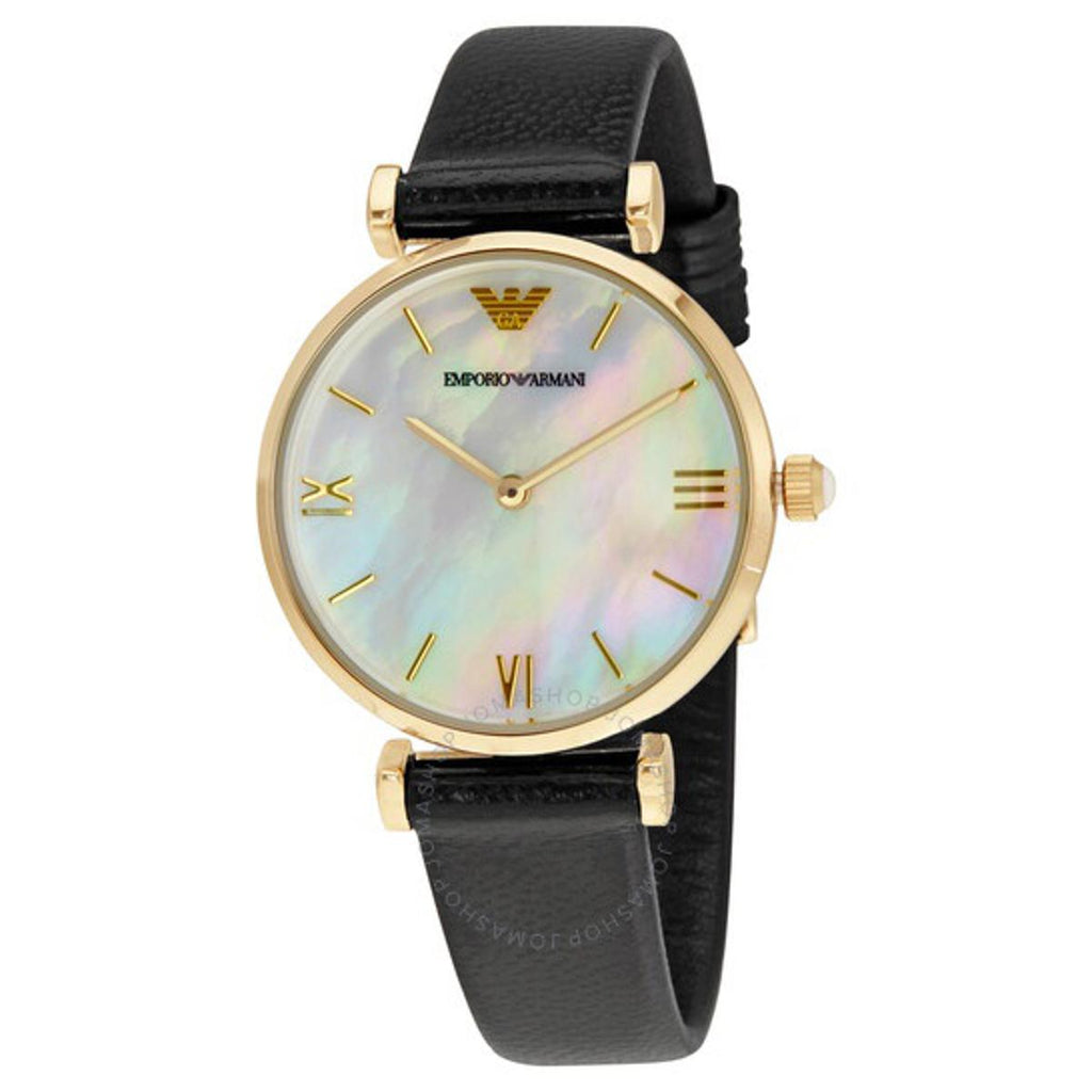 Emporio Armani Gianni T-Bar Quartz Mother of Pearl Dial Black Leather Strap Watch For Women - AR1910 Buy Now By Emporio Armani