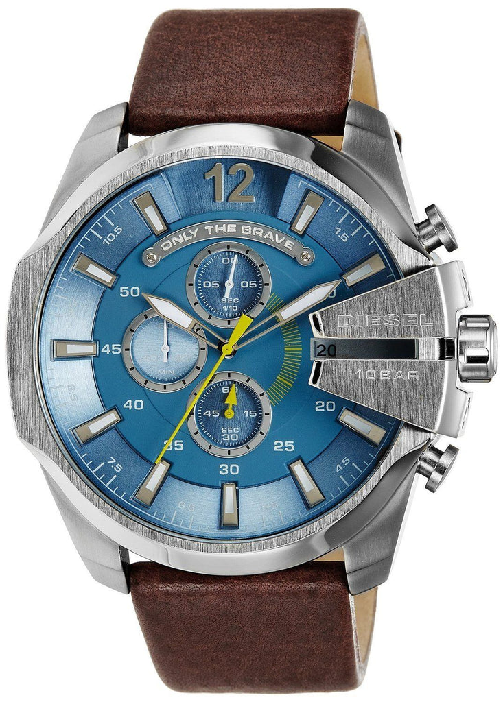 Diesel Mega Chief Chronograph Blue Dial Brown Leather Strap Watch For Men - DZ4281 Buy Now By Diesel