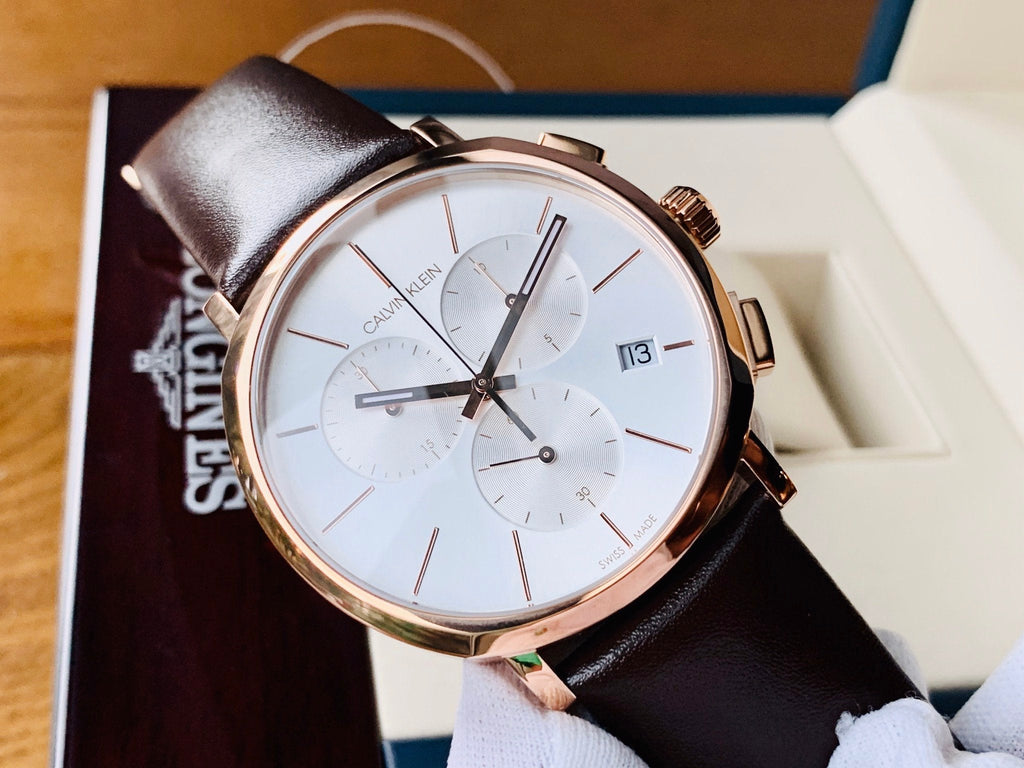 Calvin Klein Posh Chronograph White Dial Brown Leather Strap Watch for Men - K8Q376G6 Buy Now By Calvin Klein