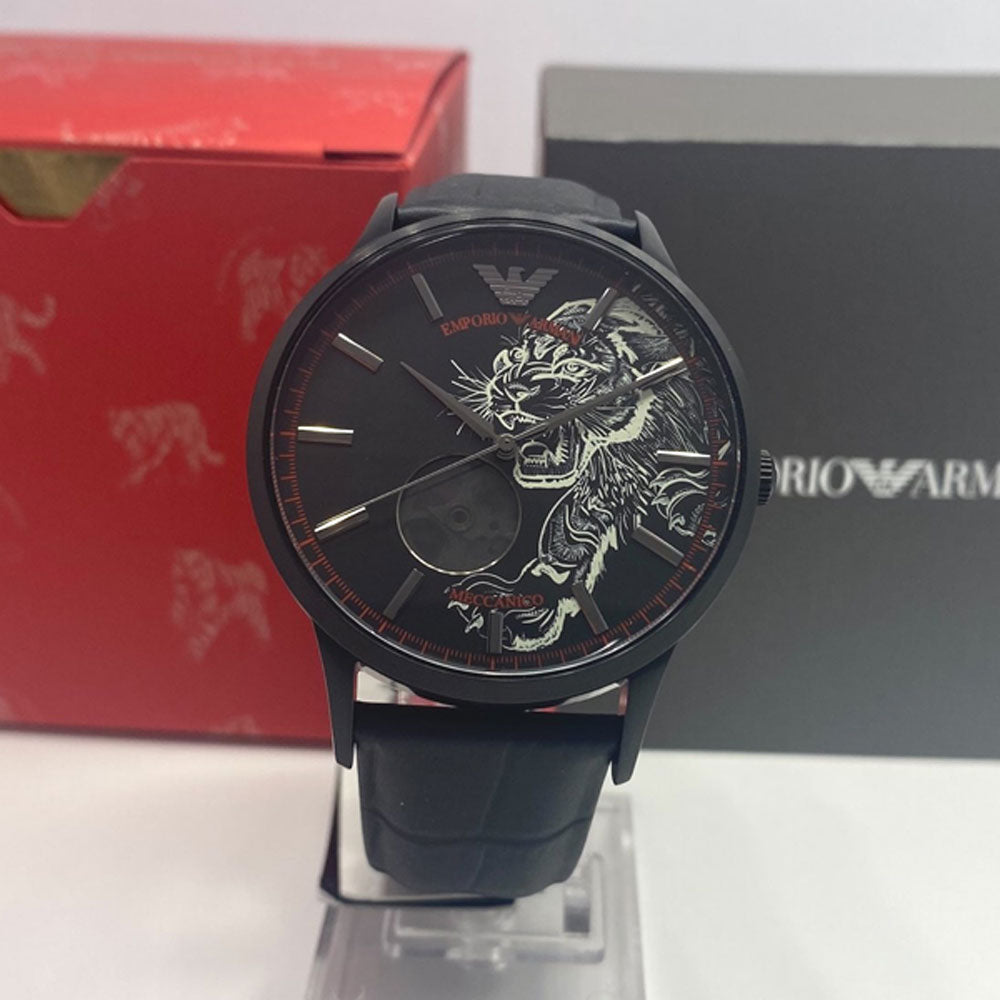 Emporio Armani Meccanico Skeleton Black Dial Black Leather Strap Watch For Men - AR60046 Buy Now By Emporio Armani
