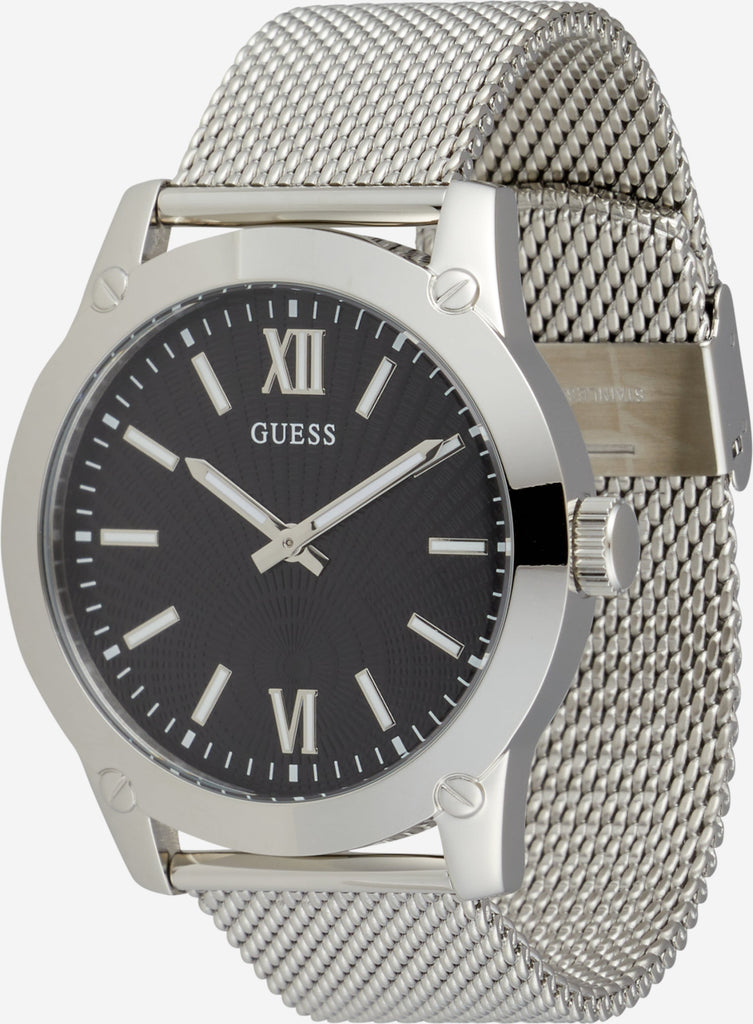 Guess Analog Black Dial Silver Mesh Bracelet Watch for Men - W1263G1 Buy Now By Guess